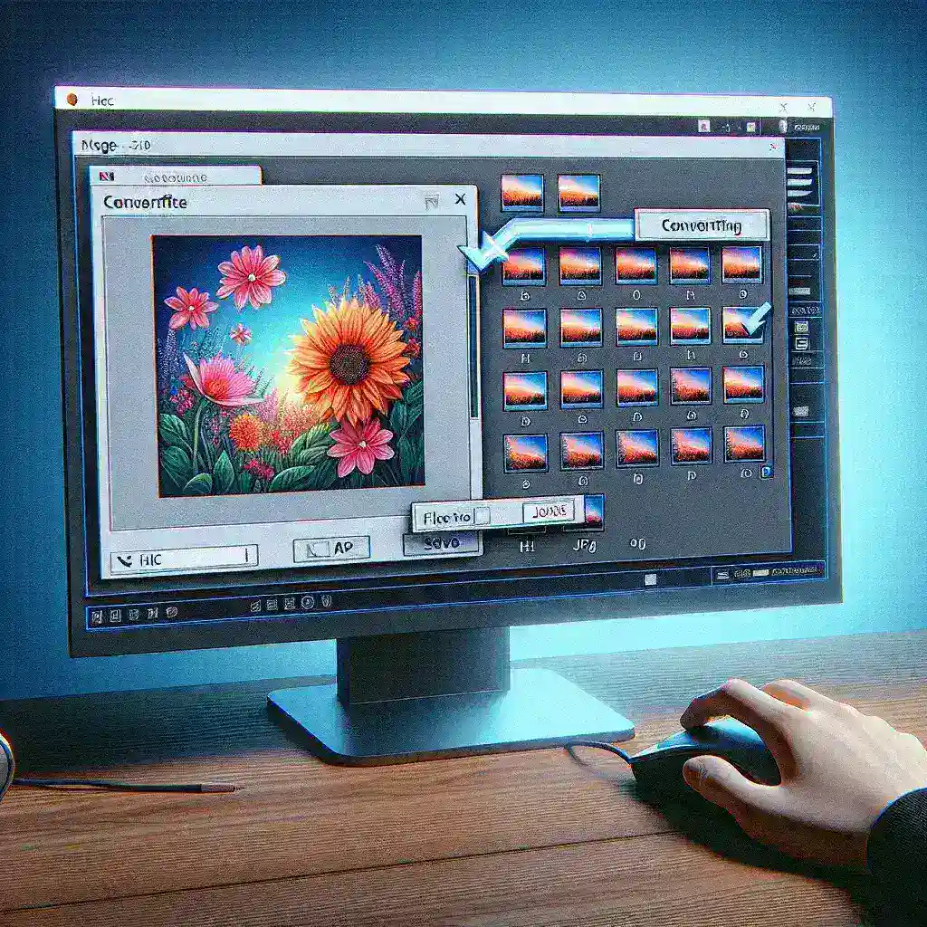 "Step-by-step guide on converting HEIC images to JPG format on Windows, showcasing user-friendly software interface and conversion process."